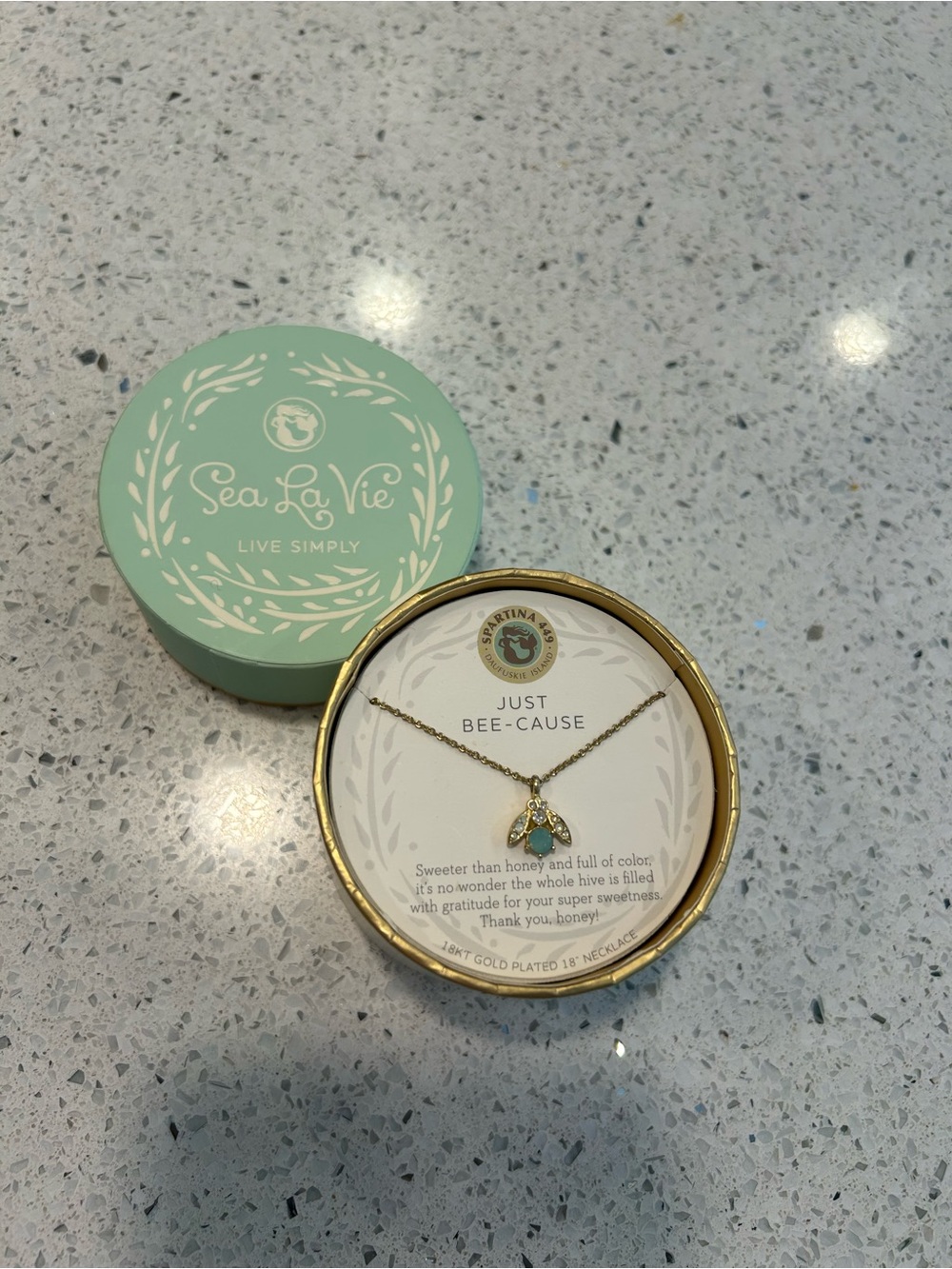 Sea La Vie Gold Bee Pendant Necklace with Aqua and White Stones